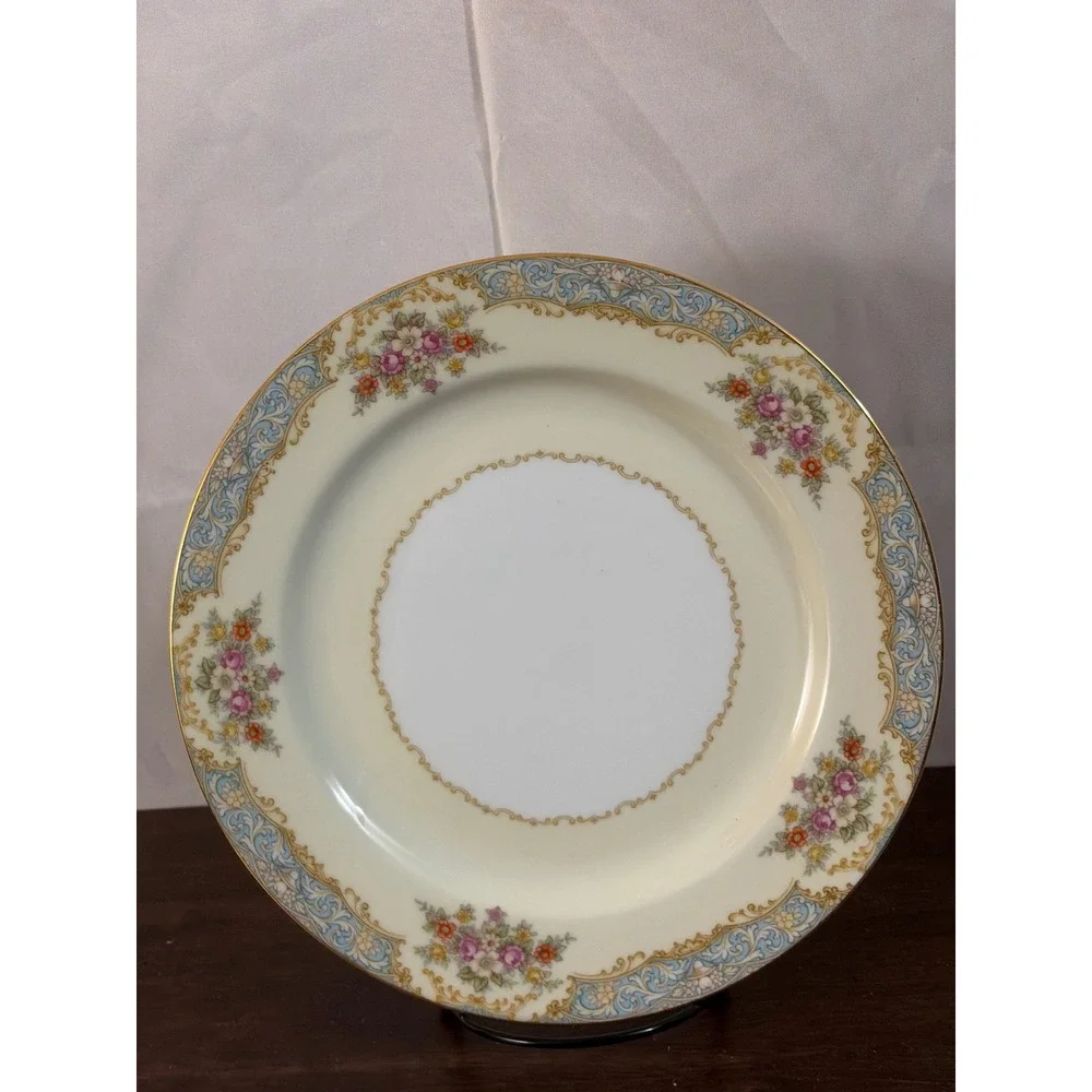 Noritake Morimura Japan Vintage Floral Blue Scroll Gold Trim Dinner‎ Plate 10in